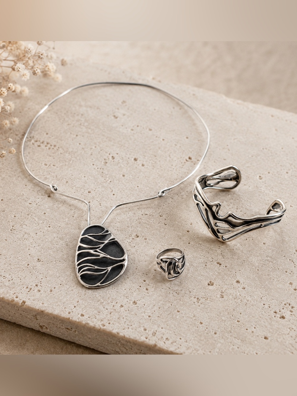 Vintage 1970s Modernist Silver Jewelry Suite, Biomorphic Necklace Cuff Ring Set